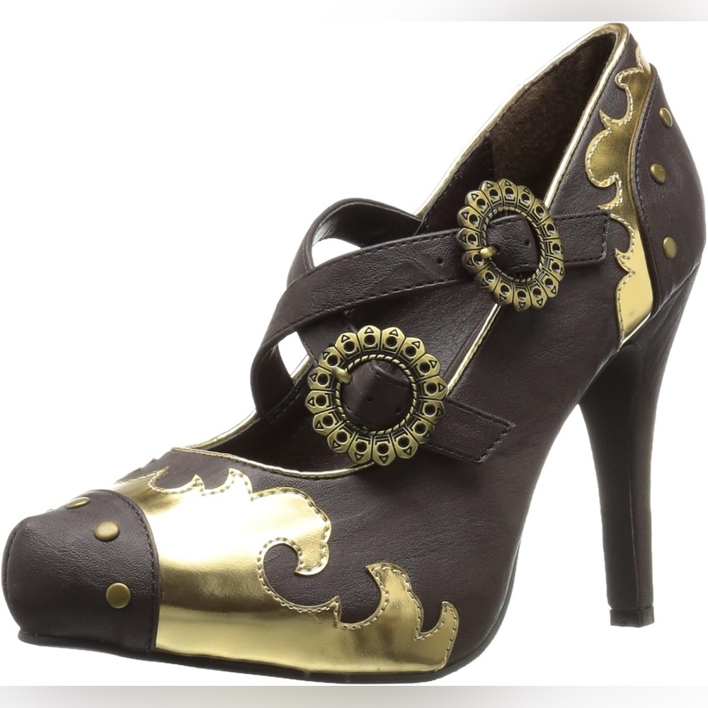 Ellie Shoes Women’s 420-Steel Slide Pump, Brown/Gold, Size 8, New Without Box